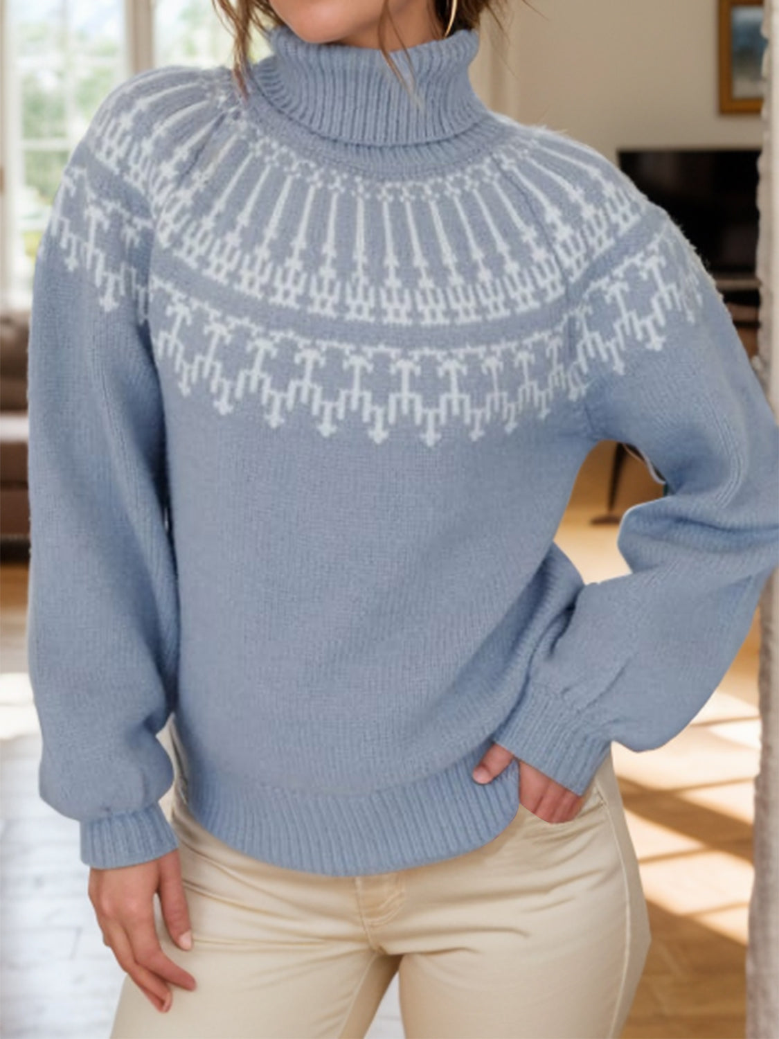 Light blue acrylic turtleneck sweater with puff sleeves and Fair Isle pattern