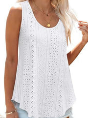 White eyelet scoop neck tank top with intricate patterned details.