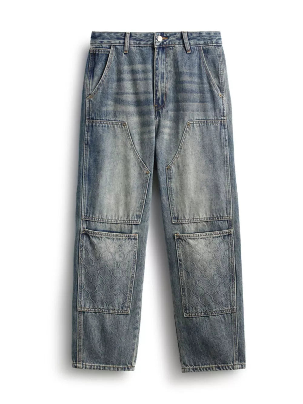 Men's blue straight leg jeans with patchwork and textured pockets.