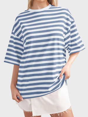 Oversized striped tee in Dusty Blue and white with dropped sleeves and crew neck.