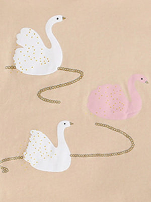 Girls' cotton underwear set with white and pink swans and gold polka dots.