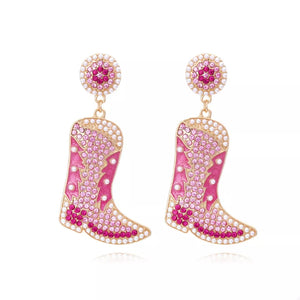 Dazzling rose red cowboy boot dangle earrings with pearls and rhinestones.