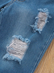 Children's Tie Shoulder Tank And Distressed Jeans Set in Blue, fabric detail