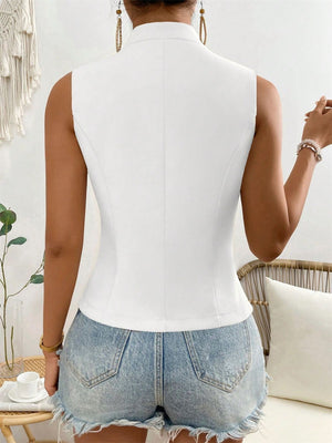 White sculpted lapel button-down vest with a fitted silhouette.