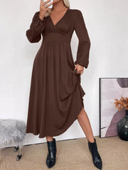 Brown V-neck midi dress with puff sleeves and A-line skirt