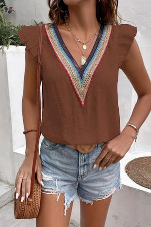Brown flutter sleeve blouse with V-neck embroidered trim and ruffle sleeves.