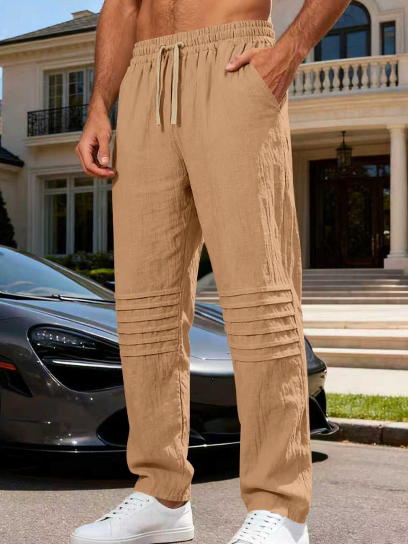Men's Khaki linen-blend drawstring sweatpants with pleated detail