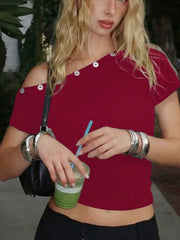 Fitted one-shoulder t-shirt in red with button detail and short sleeves.