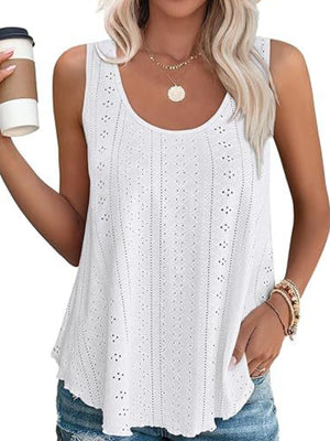 White eyelet scoop neck tank top with intricate patterns and a casual, elegant style.