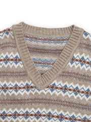 Geometric knit v-neck vest in mocha with fair isle pattern and ribbed trim.