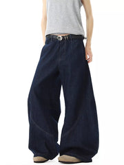 Men's dark wash cotton wide-leg jeans with pockets and a relaxed fit.