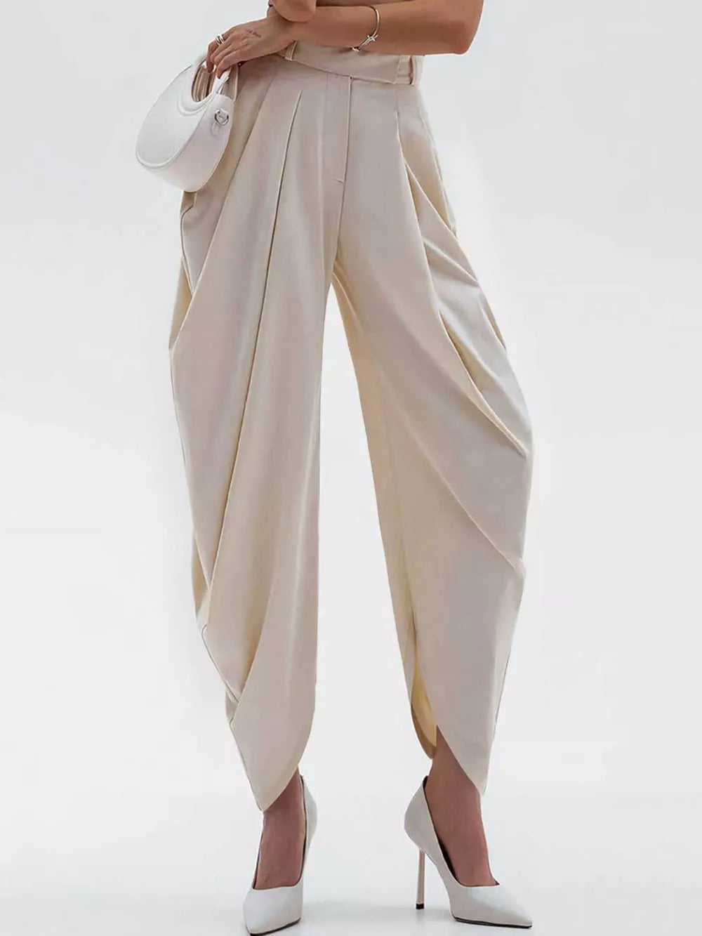 High-waisted Pleated Drape Pants in Black, front view