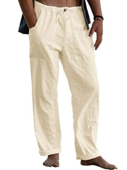 Full-size relaxed linen drawstring trousers in Tan with a relaxed fit and cuffed hems.