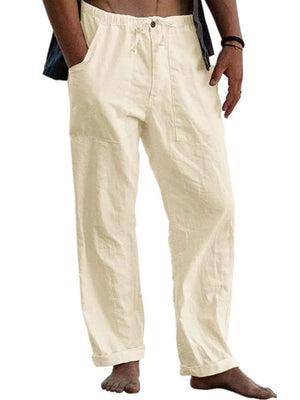 Full-size relaxed linen drawstring trousers in Tan with a relaxed fit and cuffed hems.