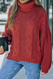 Cable knit turtleneck sweater in rust with relaxed fit and ribbed cuffs and hem.