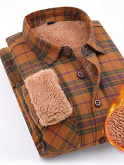 Men's brown plaid button-up shirt with sherpa lining and pocket.
