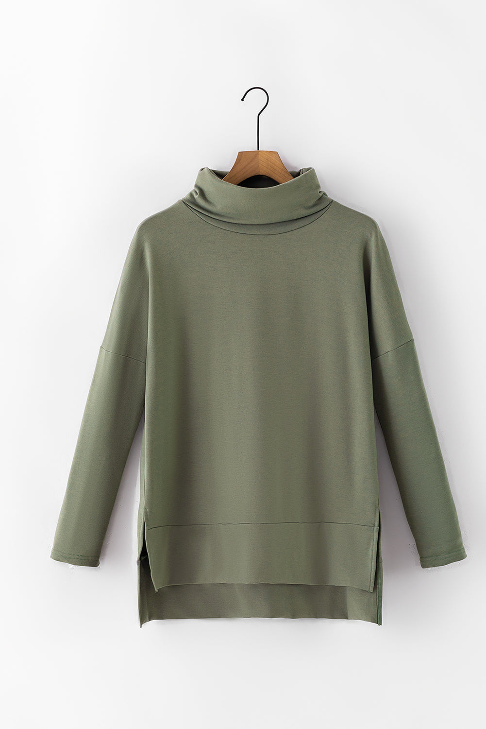Army green tunic with cowl neck, long sleeves, and high-low hem with side slits.