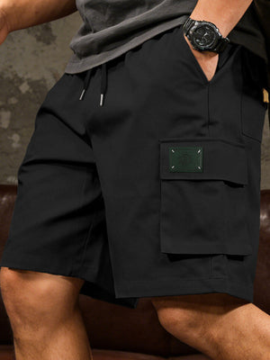 Black cargo shorts with drawstring waist and side cargo pocket detail.