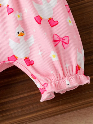 Children's Bow Duck Print Romper With Headband in Pink, alternate angle