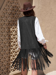 Black faux suede fringe vest with embroidered detail, shown from the back.