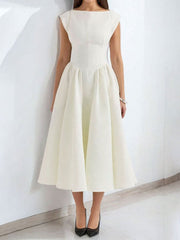 Full size beige a-line midi dress with cap sleeves and boat neck.