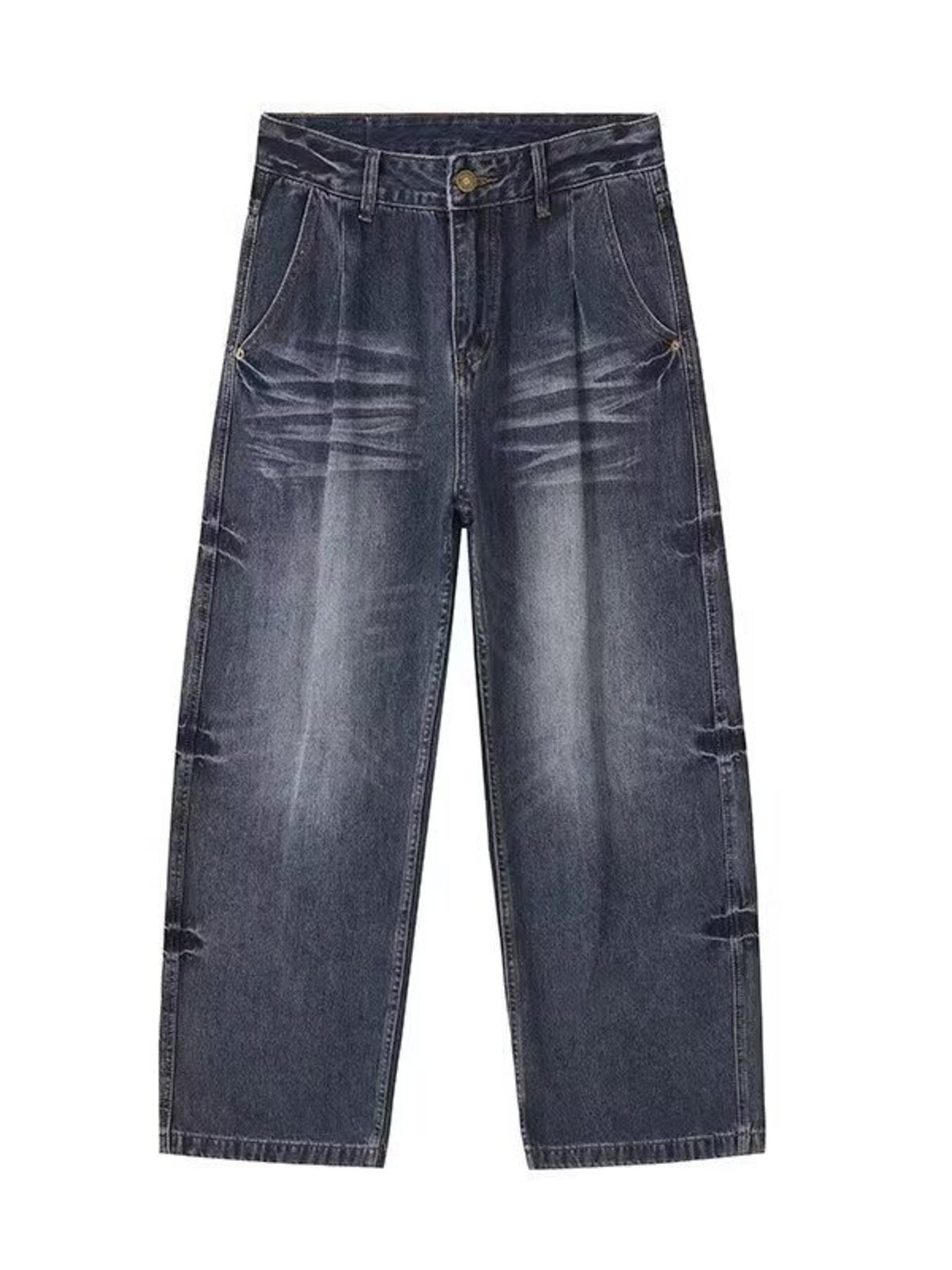 Men's blue vintage wide-leg cotton jeans with button closure and belt loops.