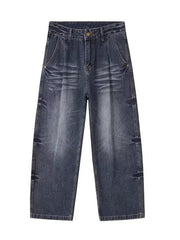 Men's blue vintage wide-leg cotton jeans with button closure and belt loops.