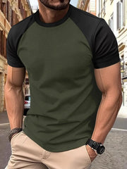 Colorblock raglan tee in olive green with black sleeves and crew neck.