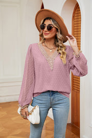 Light Mauve Swiss dot blouse with V-neck lace trim and poet sleeves