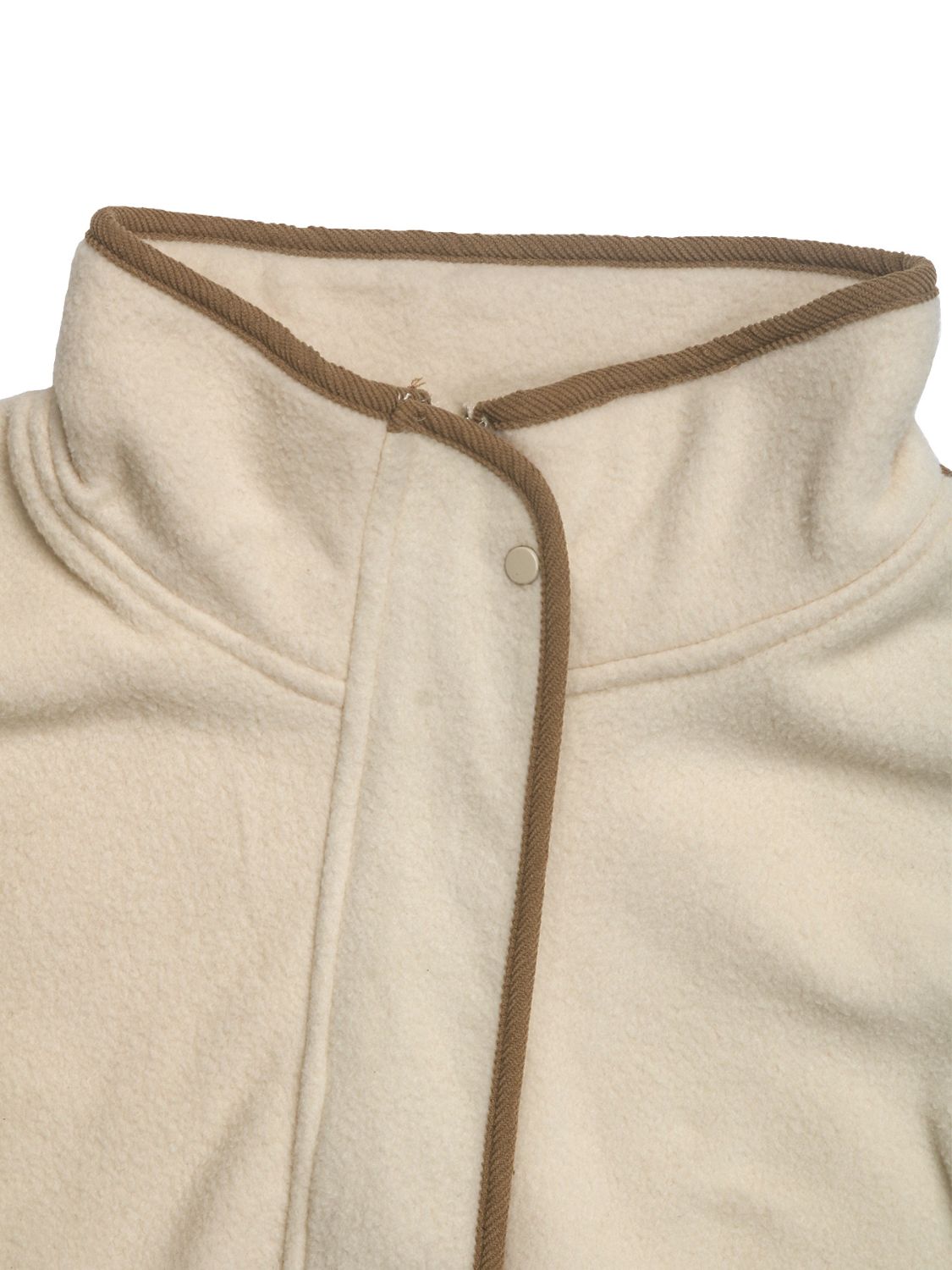 Cream fleece track jacket with brown contrast trim and snap closure