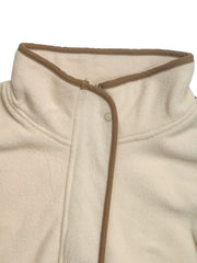 Cream fleece track jacket with brown contrast trim and snap closure