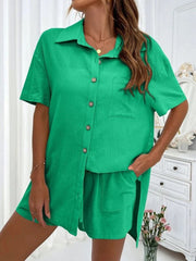 Green linen shirt and shorts set with button front and pocket details