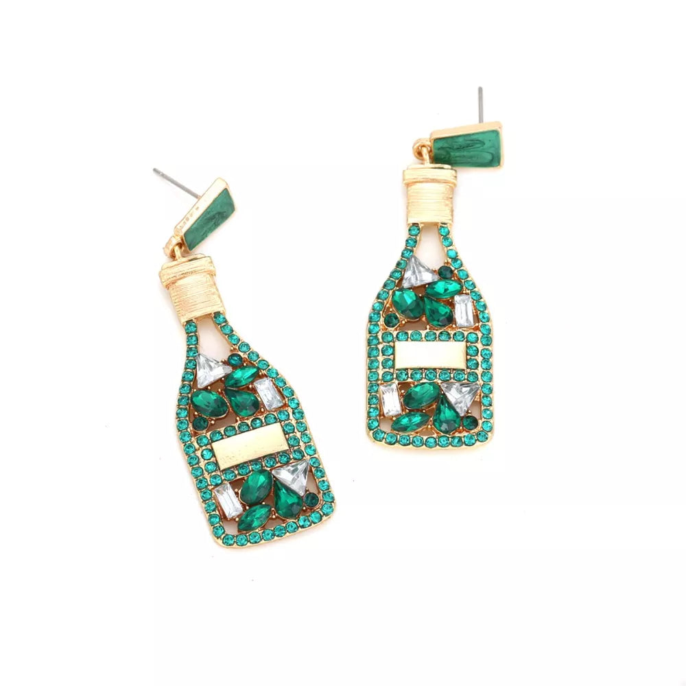 Champagne bottle drop earrings with green and clear rhinestones and gold accents.