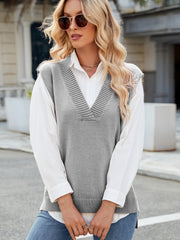 Gray ribbed knit v-neck sweater vest with striped trim detail.