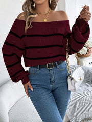 Burgundy off-the-shoulder striped knit pullover sweater with balloon sleeves.