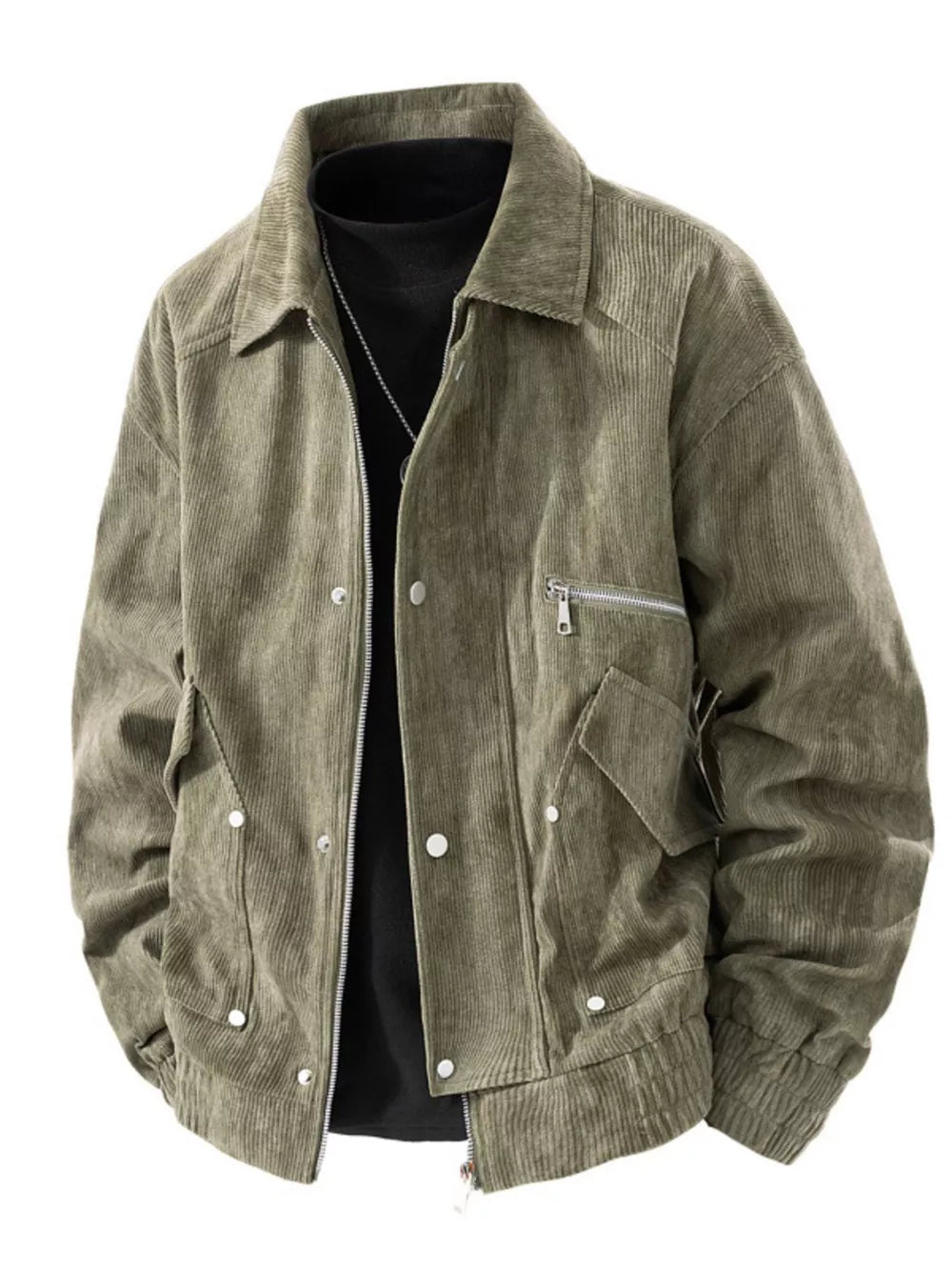 Army green corduroy trucker jacket with zip and button details