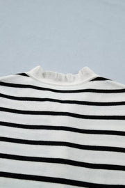 Chic striped maternity cardigan with ruffle-trim neckline.