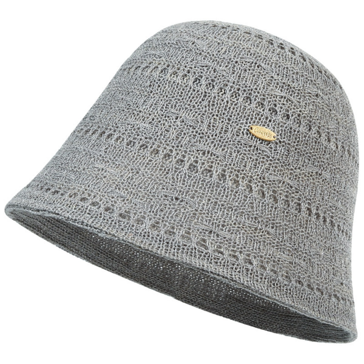 Gray knitted bucket hat with open weave pattern and gold logo detail.