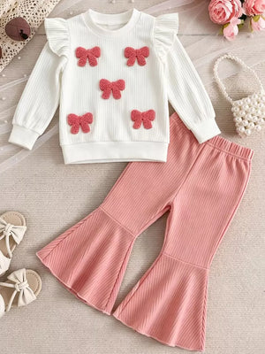 Children's Ruffled Long Sleeve Top And Flare Pants Set in White, front view
