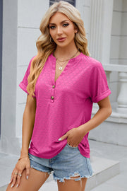 Hot Pink textured henley tee with rolled sleeves and button detail