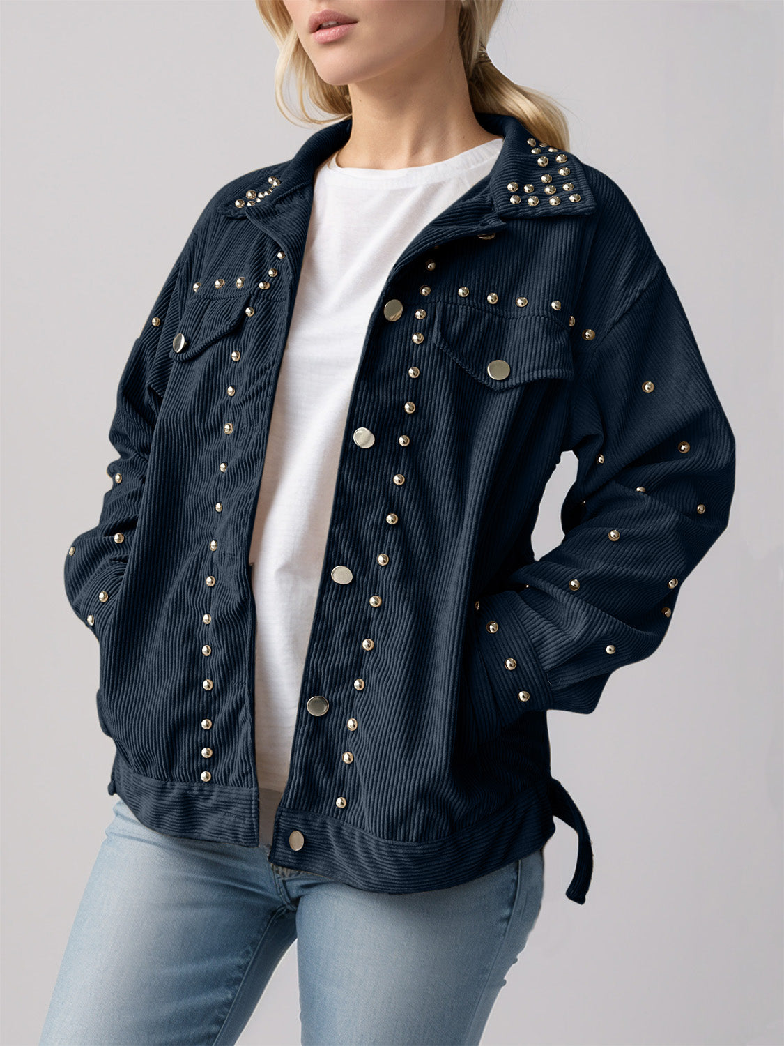Black corduroy studded overshirt with relaxed fit and collar