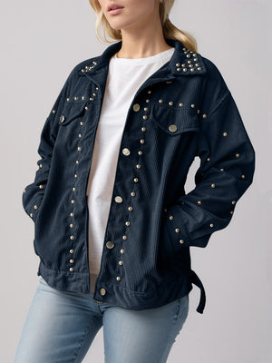 Black corduroy studded overshirt with relaxed fit and collar