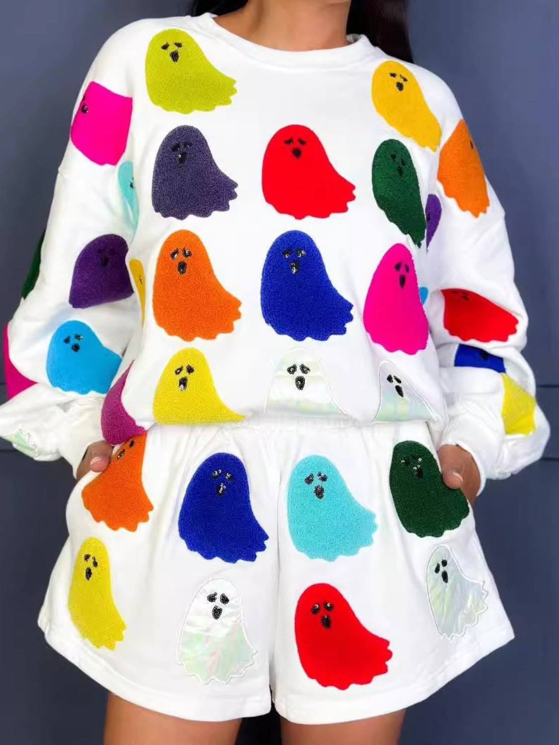 White loungewear set with colorful ghost appliqués and beaded eyes