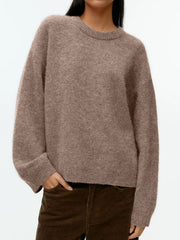Oversized crewneck sweater in Tan brushed knit with crew neck and long sleeves.