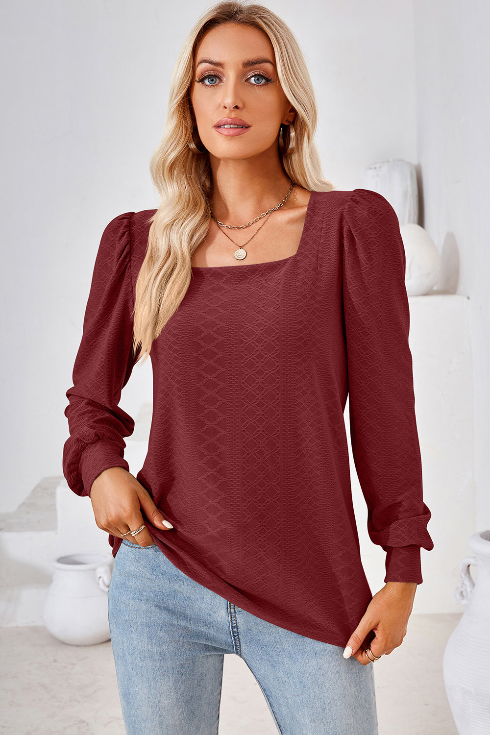 Burgundy diamond-textured puff sleeve blouse with square neckline
