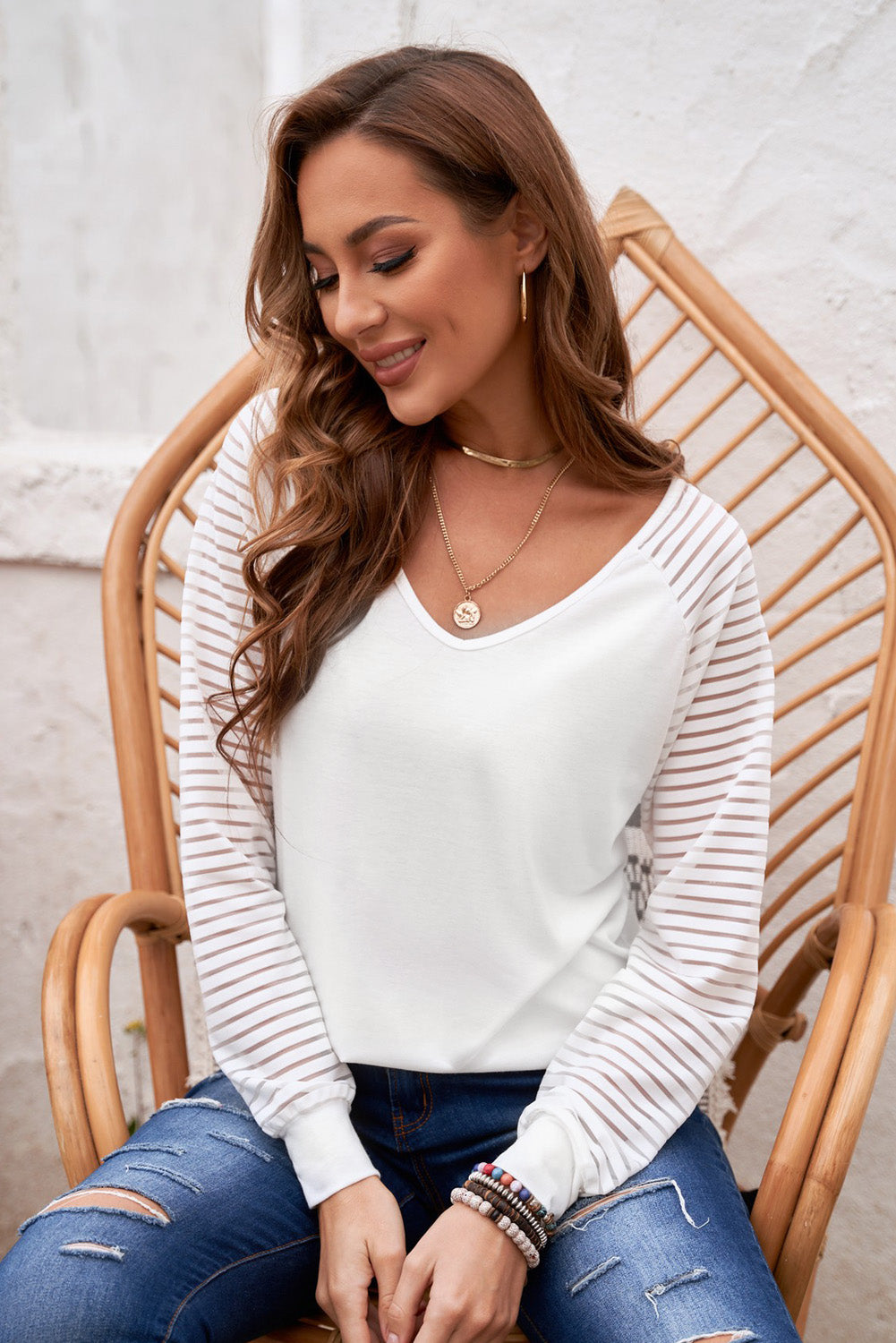 White raglan sleeve sheer stripe top with v-neck