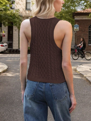 Dark brown cable knit tank top with a crew neck and sleeveless design.