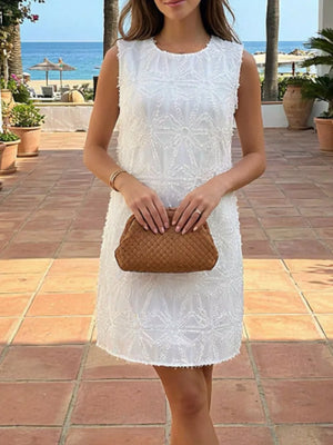 Textured Sleeveless Mini Dress in White, close-up detail