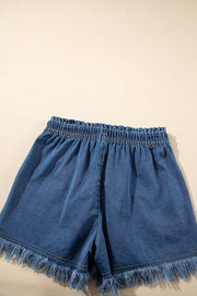 Navy denim drawstring shorts with frayed hem and elastic waistband.