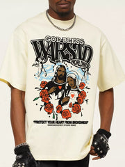 Cream cotton graphic t-shirt with religious art and text print